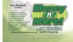 Money n More Business Card front